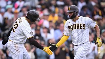 Jun 13, 2023; San Diego, California, USA; San Diego Padres catcher Gary Sanchez (right) is congratulated by  left fielder Juan Soto (22) after hitting a three-run home run against the Cleveland Guardians during the first inning at Petco Park. Mandatory Credit: Orlando Ramirez-USA TODAY Sports