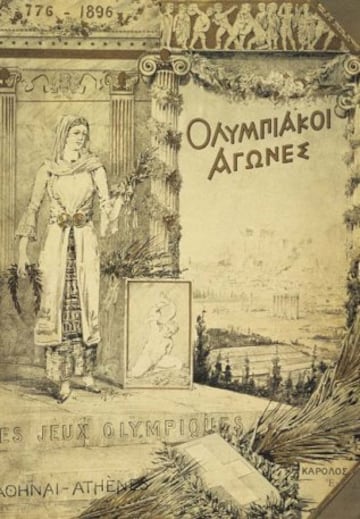 Cartel oficial de los Juegos de la I Olimpiada en Atenas, que se celebrarían entre el 6 y el 15 de abril en 1896. 