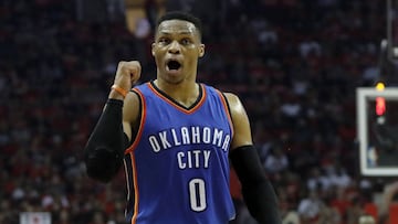 HOUSTON, TX - APRIL 19: Russell Westbrook #0 of the Oklahoma City Thunder reacts to a call against the Houston Rockets in the first half of Game Two of the Western Conference quarterfinals game during the 2017 NBA Playoffs at Toyota Center on April 19, 2017 in Houston, Texas. NOTE TO USER: User expressly acknowledges and agrees that, by downloading and or using this photograph, User is consenting to the terms and conditions of the Getty Images License Agreement.   Tim Warner/Getty Images/AFP
 == FOR NEWSPAPERS, INTERNET, TELCOS &amp; TELEVISION USE ONLY ==