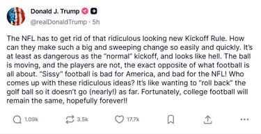 Trump calls the NFL’s new kickoff rule “ridiculous and sissy”