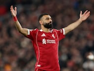 Soccer Football - UEFA Champions League - Liverpool v Qarabag - Anfield, Liverpool, Britain - January 28, 2026 Liverpool's Mohamed Salah celebrates scoring their third goal REUTERS/Phil Noble