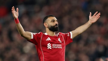 Soccer Football - UEFA Champions League - Liverpool v Qarabag - Anfield, Liverpool, Britain - January 28, 2026 Liverpool's Mohamed Salah celebrates scoring their third goal REUTERS/Phil Noble