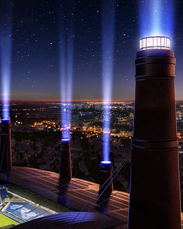 Las 12 impresionantes chimeneas no solo ayudarán a canalizar el sonido de las gradas, sino que serán las puertas de acceso al estadio.