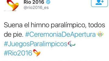 El desafortunado tuit de la cuenta oficial de los Juegos de R&iacute;o durante la ceremonia de apertura de los Juegos Paral&iacute;mpicos.