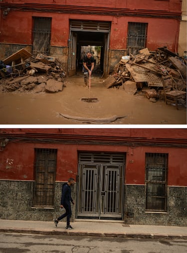 Imagen superior: Un hombre limpia el barro de la casa de su madre en el municipio de Massanassa. Imagen inferior: La misma zona en la actualidad. 