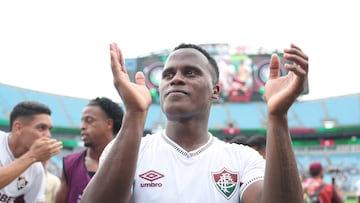CHARLOTTE, NORTH CAROLINA - JUNE 30: Jhon Arias #21 of Fluminense FC celebrates following the FIFA Club World Cup 2025 round of 16 match between FC Internazionale Milano and Fluminense FC at Bank of America Stadium on June 30, 2025 in Charlotte, North Carolina. (Photo by Steph Chambers - FIFA/FIFA via Getty Images)