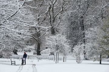 Una persona se para con su bicicleta en St James's Park para disfrutar de la nevada estampa. 