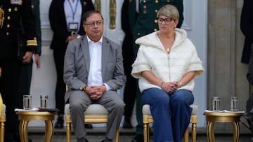 Colombian President Gustavo, left, and his wife First Lady Veronica Alcocer attend an act to present to Congress a proposed bill to reform the healthcare system, outside the Nariño presidential palace in Bogota, Colombia, Monday, Feb. 13, 2023. (AP Photo/Fernando Vergara)