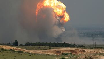 Smoke and flames rise from an explosion during a fire at a military training ground in the Kirovske district, Crimea, July 19, 2023. REUTERS/Stringer     TPX IMAGES OF THE DAY