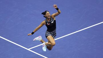 Caroline Garcia celebrates defeating Coco Gauff in the quarterfinals of the 2022 US Open.