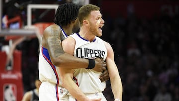 Feb 24, 2017; Los Angeles, CA, USA; LA Clippers forward Blake Griffin (32) reacts after a shot in front of as center DeAndre Jordan (6) against the San Antonio Spurs during the fourth quarter at Staples Center. The San Antonio Spurs won 105-97. Mandatory Credit: Kelvin Kuo-USA TODAY Sports
