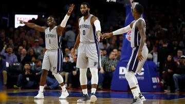 AUBURN HILLS, MI - DECEMBER 26: Andre Drummond #0, Reggie Jackson #1 and Kentavious Caldwell-Pope #5 of the Detroit Pistons celebrate a first half basket while playing the Cleveland Cavaliers at the Palace of Auburn Hills on December 26, 2016 in Auburn Hills, Michigan. Detroit won the game 106-90. NOTE TO USER: User expressly acknowledges and agrees that, by downloading and or using this photograph, User is consenting to the terms and conditions of the Getty Images License Agreement. Gregory Shamus/Getty Images/AFP
== FOR NEWSPAPERS, INTERNET, TELCOS & TELEVISION USE ONLY ==