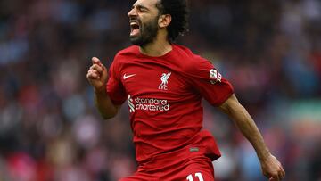 Soccer Football - Premier League - Liverpool v Brentford - Anfield, Liverpool, Britain - May 6, 2023 Liverpool's Mohamed Salah reacts REUTERS/Carl Recine EDITORIAL USE ONLY. No use with unauthorized audio, video, data, fixture lists, club/league logos or 'live' services. Online in-match use limited to 75 images, no video emulation. No use in betting, games or single club /league/player publications.  Please contact your account representative for further details.