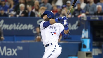 TORONTO, ON - MAY 10: Jose Bautista #19 of the Toronto Blue Jays hits a three-run home run in the first inning during MLB game action against the Cleveland Indians at Rogers Centre on May 10, 2017 in Toronto, Canada.   Tom Szczerbowski/Getty Images/AFP
 == FOR NEWSPAPERS, INTERNET, TELCOS &amp; TELEVISION USE ONLY ==