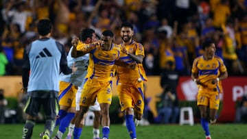 Tigres' Brazilian defender #02 Joaquim Henrique (3rd-L) celebrates with teammates after an own goal by Necaxa's defender #05 Alejandro Mayorga (out of frame) during the Liga MX Clausura tournament quarter-final second leg football match between Tigres and Necaxa at the UANL University Stadium in San Nicol�s de los Garza, Nuevo Leon state, Mexico on May 11, 2025. (Photo by Julio Cesar AGUILAR / AFP)