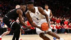 Dec 20, 2018; New York, NY, USA; Duke Blue Devils forward Zion Williamson (1) drives to the basket against Texas Tech Red Raiders center Norense Odiase (32) in the second half of the Ameritas Insurance Classic at Madison Square Garden. Mandatory Credit: Nicole Sweet-USA TODAY Sports