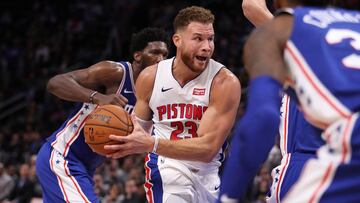 DETROIT, MI - OCTOBER 23: Blake Griffin #23 of the Detroit Pistons drives to the basket in the second half while playing the Philadelphia 76ers at Little Caesars Arena on October 23, 2018 in Detroit, Michigan. NOTE TO USER: User expressly acknowledges and agrees that, by downloading and or using this photograph, User is consenting to the terms and conditions of the Getty Images License Agreement.   Gregory Shamus/Getty Images/AFP
 == FOR NEWSPAPERS, INTERNET, TELCOS &amp; TELEVISION USE ONLY ==