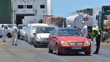 Agentes de la Guardia Civil y operarios del Cabildo de El Hierro realizan labores de control y desinfección, respectivamente, de vehículos procedentes de la isla de Tenerife este viernes en el puerto de La Estaca.