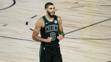 Boston Celtics&#039; Jayson Tatum celebrates after a NBA basketball first round playoff game against the Philadelphia 76ers Monday, Aug. 17, 2020, in Lake Buena Vista, Fla. The Celtics won 109-101. (AP Photo/Ashley Landis, Pool)