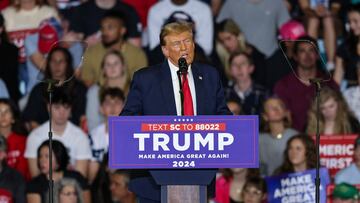 Republican presidential candidate and former U.S. President Donald Trump speaks as he holds a campaign rally at Coastal Carolina University ahead of the South Carolina Republican presidential primary in Conway, South Carolina, U.S., February 10, 2024. REUTERS/Sam Wolfe