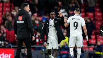 Vinicius Junior left winger of Real Madrid and Brazil and Karim Benzema centre-forward of Real Madrid and France celebrate victory after the LaLiga Santander match between Athletic Club and Real Madrid CF at San Mames Stadium on January 22, 2023 in Bilbao, Spain. (Photo by Jose Breton/Pics Action/NurPhoto via Getty Images)