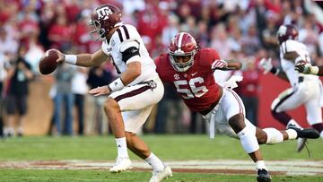 Oct 22, 2016; Tuscaloosa, AL, USA; Alabama Crimson Tide linebacker Tim Williams (56) sacks Texas A&amp;M Aggies quarterback Trevor Knight (8) during the third quarter at Bryant-Denny Stadium. Mandatory Credit: John David Mercer-USA TODAY Sports