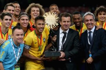 BEIJING, CHINA - OCTOBER 11:  Team of Brazil celebrates winning Super Clasico de las Americas between Argentina and Brazil at Beijing National Stadium on October 11, 2014 in Beijing, China.  (Photo by Feng Li/Getty Images)
