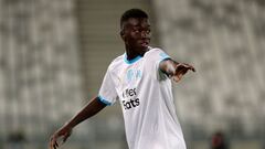 Marseille&#039;s French midfielder Pape Gueye gestures during the French L1 football match between FC Girondins de Bordeaux and Olympique de Marseille at The Matmut Atlantique Stadium in Bordeaux, south-western France, on February 14, 2021. (Photo by ROMA