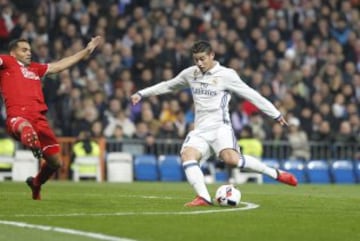 James vuelve con su magia y marca doblete en el duelo del Real Madrid contra el Sevilla, partido de ida de los octavos de final de la Copa del Rey.