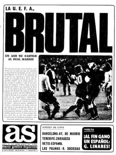 Portada del Diario AS del 8 de mayo de 1976, tras el lo acontecido en el Santiago Bernabéu. "BRUTAL. Un año de castigo al Real Madrid". 