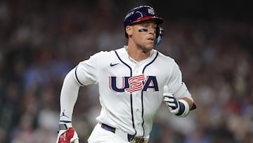 HOUSTON, TEXAS - MARCH 07: Aaron Judge #99 of Team United States runs after hitting in the first inning against Team Great Britain during a 2026 World Baseball Classic Pool B game at Daikin Park on March 07, 2026 in Houston, Texas. Alex Slitz/Getty Images/AFP (Photo by Alex Slitz / GETTY IMAGES NORTH AMERICA / Getty Images via AFP)