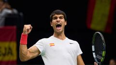 VALENCIA, SPAIN - SEPTEMBER 16: Carlos Alcaraz of Spain celebrates a point against Felix Auger-Aliassime of Canada during the Davis Cup Group Stage 2022 Valencia match between Spain and Canada at Pabellon Fuente De San Luis on September 16, 2022 in Valencia, Spain. (Photo by Diego Souto/Quality Sport Images/Getty Images)