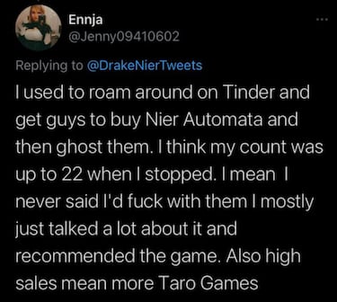 Convence a 22 ligues de Tinder de comprar Nier Automata y después les hace ghosting