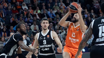 VALENCIA, 30/12/2025.- El base italiano del Valencia Darius Thompson (d) en acción durante el partido de baloncesto correspondiente a la jornada 19 de la Euroliga, que disputan Valencia Basket y el Partizan este martes, en el pabellón Roig Arena de Valencia. EFE/ Miguel Ángel Polo