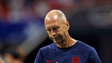 USA's coach Gregg Berhalter looks down following the first half of the Conmebol 2024 Copa America tournament group C football match between Panama and USA at Mercedes Benz Stadium in Atlanta, Georgia, on June 27, 2024. (Photo by EDUARDO MUNOZ / AFP)
