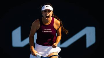 MELBOURNE, AUSTRALIA - JANUARY 16: Camila Osorio of Colombia in action against Panna Udvardy of Hungary during her first round match on Day 1 of the 2023 Australian Open at Melbourne Park on January 16, 2023 in Melbourne, Australia. (Photo by Robert Prange/Getty Images)