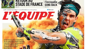 Portada de la edici&oacute;n impresa de L&#039;&Eacute;quipe del viernes 3 de junio de 2022 en la que Nadal aparece comparado con Terminator antes de las semifinales frente a Alexander Zverev en Roland Garros.