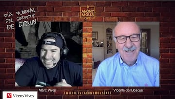 Un instante de la charla de Vicente del Bosque con Marc Vives.con el canal de Twitch Anonymouscafe de la Fundació Itinerarium.