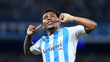 AVELLANEDA, ARGENTINA - JANUARY 31: Roger Martinez of Racing Club celebrates after scoring the team's second goal during a Copa de la Liga Profesional 2024 match between Racing Club and Tigre at Presidente Peron Stadium on January 31, 2024 in Avellaneda, Argentina. (Photo by Rodrigo Valle/Getty Images)