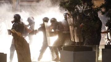 Security forces protect the area during an anti-government protest at parliament on August 10, 2020 in Beirut, Lebanon. 