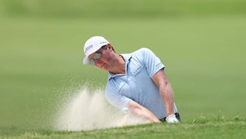 Ben Griffin of the United States plays a shot from a bunker on the second hole during the final round of the Charles Schwab Challenge 2025