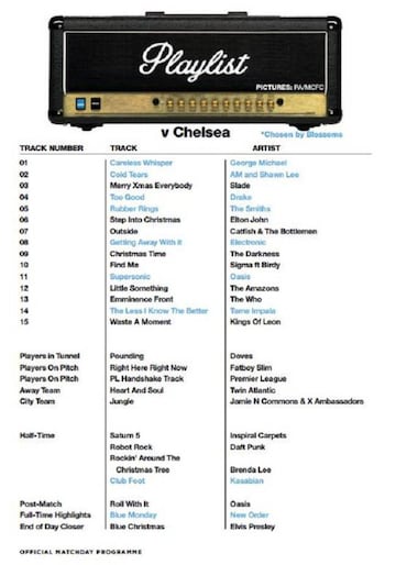 Playlist for Manchester City - Chelsea, including Saturn 5 by Inspiral Carpets at half-time.