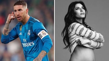 Imágenes de Sergio Ramos celebrando un gol con el Real Madrid haciendo la señal de estar hablando por teléfono y de Pilar Rubio embarazada de su tercer hijo.