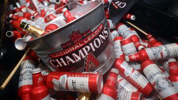 PHILADELPHIA, PENNSYLVANIA - OCTOBER 24: Beer and champagne are prepared for the Arizona Diamondbacks in their clubhouse after the team beat the Philadelphia Phillies 4-2 in Game Seven of the Championship Series at Citizens Bank Park on October 24, 2023 in Philadelphia, Pennsylvania.   Tim Nwachukwu/Getty Images/AFP (Photo by Tim Nwachukwu / GETTY IMAGES NORTH AMERICA / Getty Images via AFP)