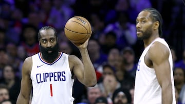 James Harden #1 of the LA Clippers looks on during the second quarter against the Philadelphia 76ers at the Wells Fargo Center on March 27, 2024 in Philadelphia, Pennsylvania.