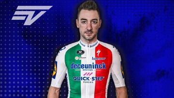 Elia Viviani posa con el maillot de campeón italiano que llevará durante el Giro de Italia.