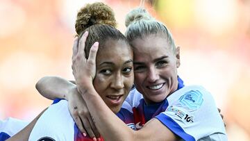 England's forward #07 Lauren James celebrates with teammate England's defender #05 Alex Greenwood after scoring the third goal of the match during the UEFA Women's Euro 2025 Group D football match between England and The Netherlands at the Letzigrund Stadium in Zurich, on July 9 2025. (Photo by Fabrice COFFRINI / AFP)