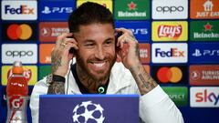 Paris Saint-Germain's Spanish defender Sergio Ramos smiles during a press conference at the Juventus stadium in Turin on November 1, 2022 on the eve of the UEFA Champions League group H football match against Juventus FC. (Photo by FRANCK FIFE / AFP)
