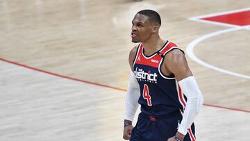 Mar 29, 2021; Washington, District of Columbia, USA; Washington Wizards guard Russell Westbrook (4) reacts after a three point basket against the Indiana Pacers during the fourth quarter at Capital One Arena. Mandatory Credit: Brad Mills-USA TODAY Sports