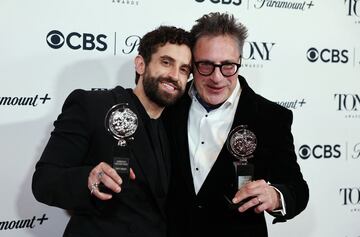 Patrick Marber poses with the award for the Best Direction of a Play next to Brandon Uranowitz, who poses with the award for Best Performance by an Actor in a Featured Role, both for "Leopoldstadt", at the 76th Annual Tony Awards in New York City, U.S., June 11, 2023. REUTERS/Amr Alfiky